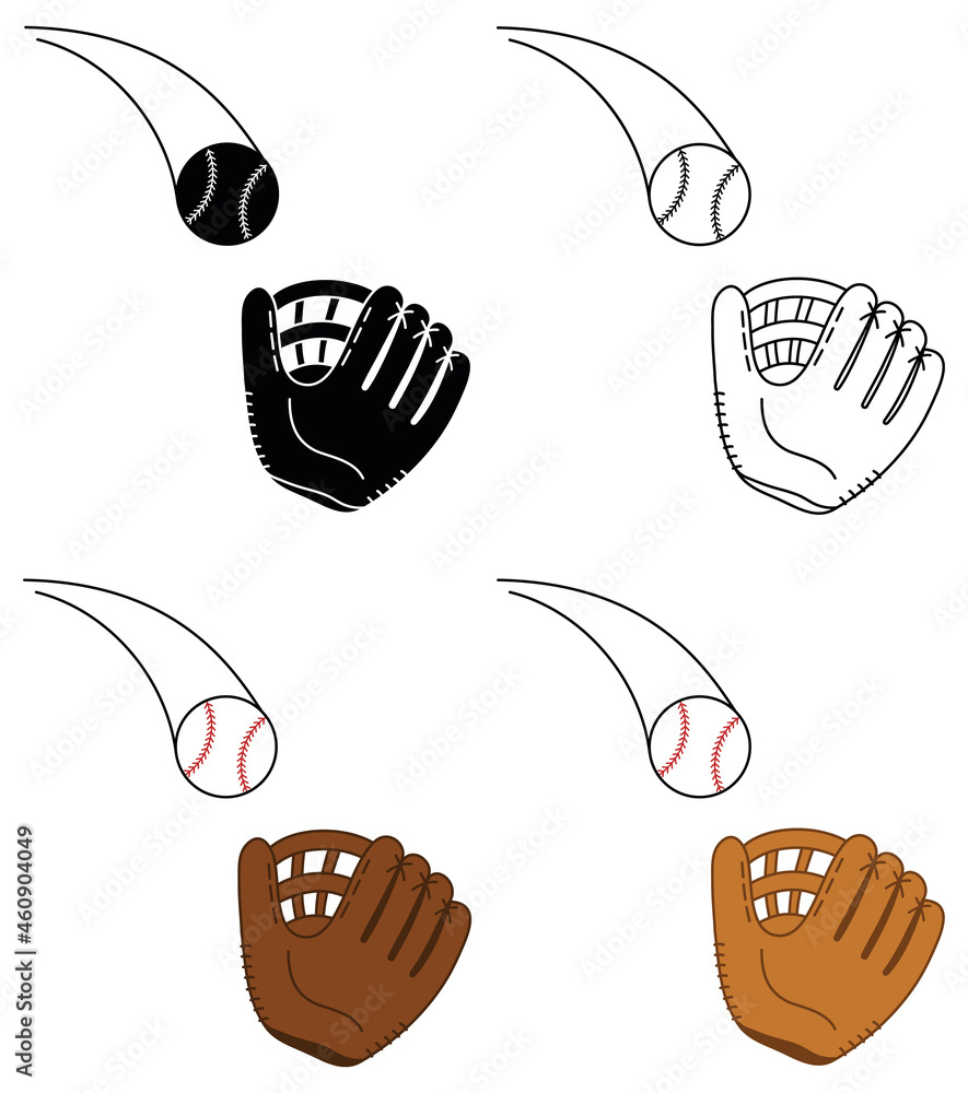 Baseball Catching Pop Fly Clipart Set Outline, Silhouette and Colored