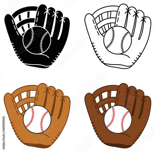 Glove with Baseball Clipart Set - Outline, Silhouette and Colored