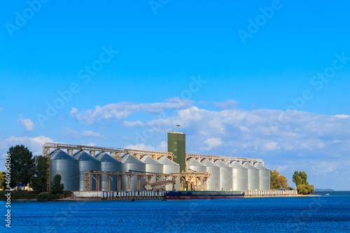 Modern granaries for storing cereal grains on a bank of the Dnieper river