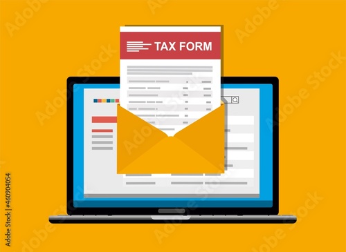 Laptop with online tax form. Online digital invoice laptop or notebook with bills, flat design illustration.