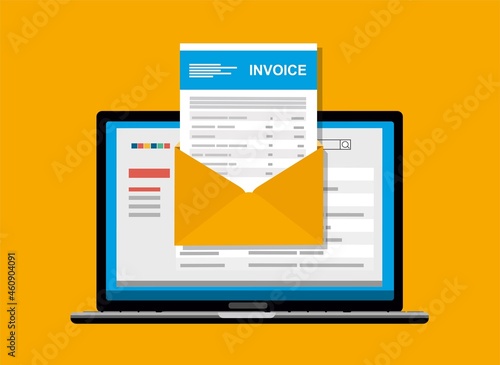 Online digital invoice laptop or notebook with bills, flat design illustration.