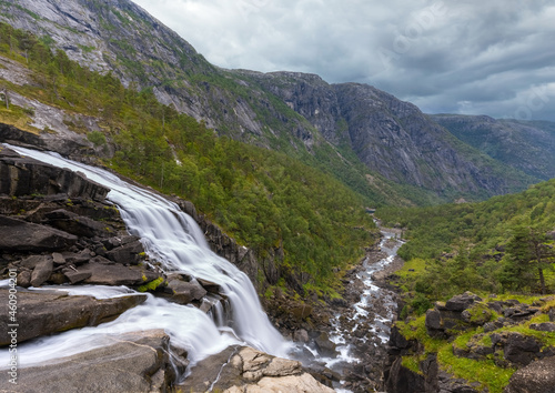 Breathtaking scenery and four majestic waterfalls in Husedalen from Kinsarvik to the Hardangervidda mountain plateau, Norway