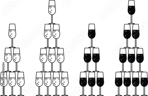 Champagne Flute Pyramid Tower Clipart Set - Outline and Silhouette
