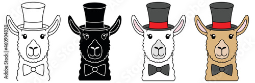 Formal Llama with top hat and bow tie Clipart Set - Outline, Silhouette and Color