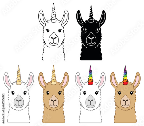 Llama with Unicorn Rainbow Horn Clipart Set - Outline, Silhouette and Color