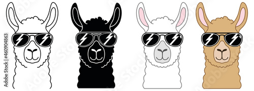 Cool Llama with Sunglasses Clipart Set - Outline, Silhouette and Color
