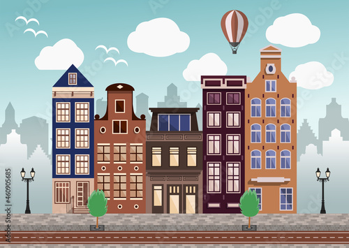 Landscape street in the old city, historic retro houses and buildings in a modern urban environment. Vector illustration in a flat style.