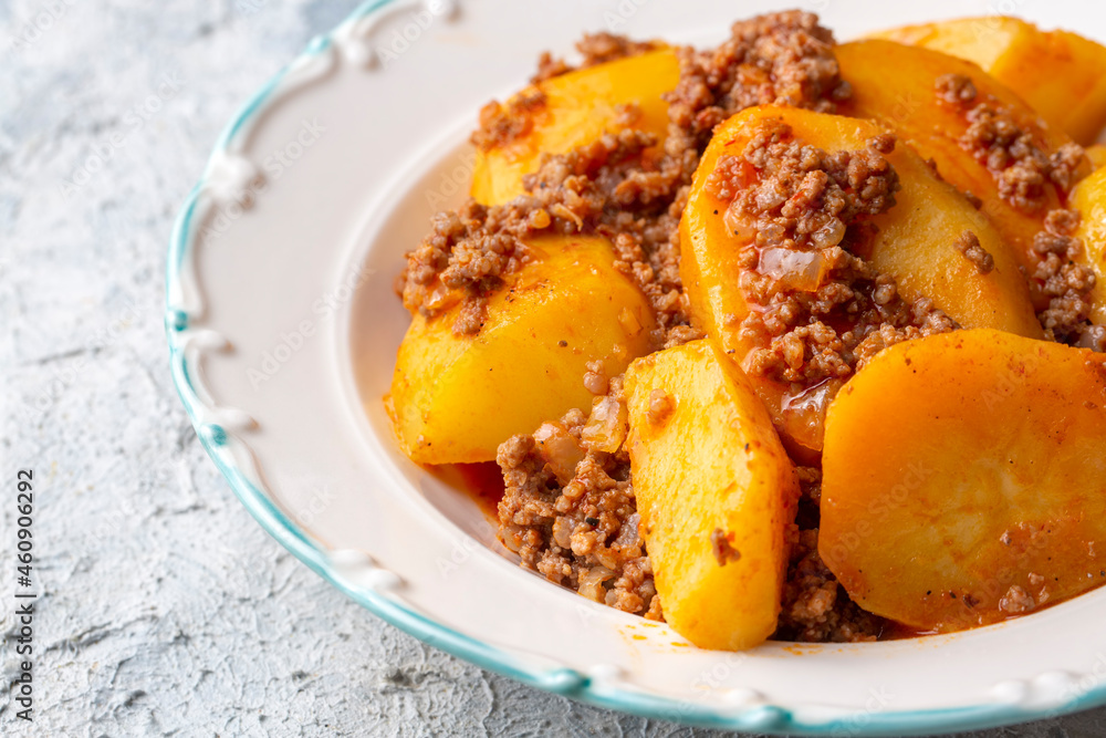 Traditional delicious Turkish food; meat potato dish (Turkish name; kiymali patates)