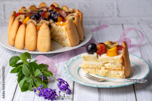 Delicious fruit cake (Turkish name; meyveli yas pasta, karisik meyveli yas pasta) photo