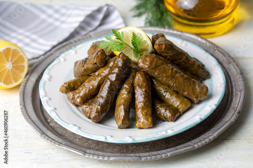 Traditional delicious Turkish foods; stuffed leaves (yaprak sarmasi)