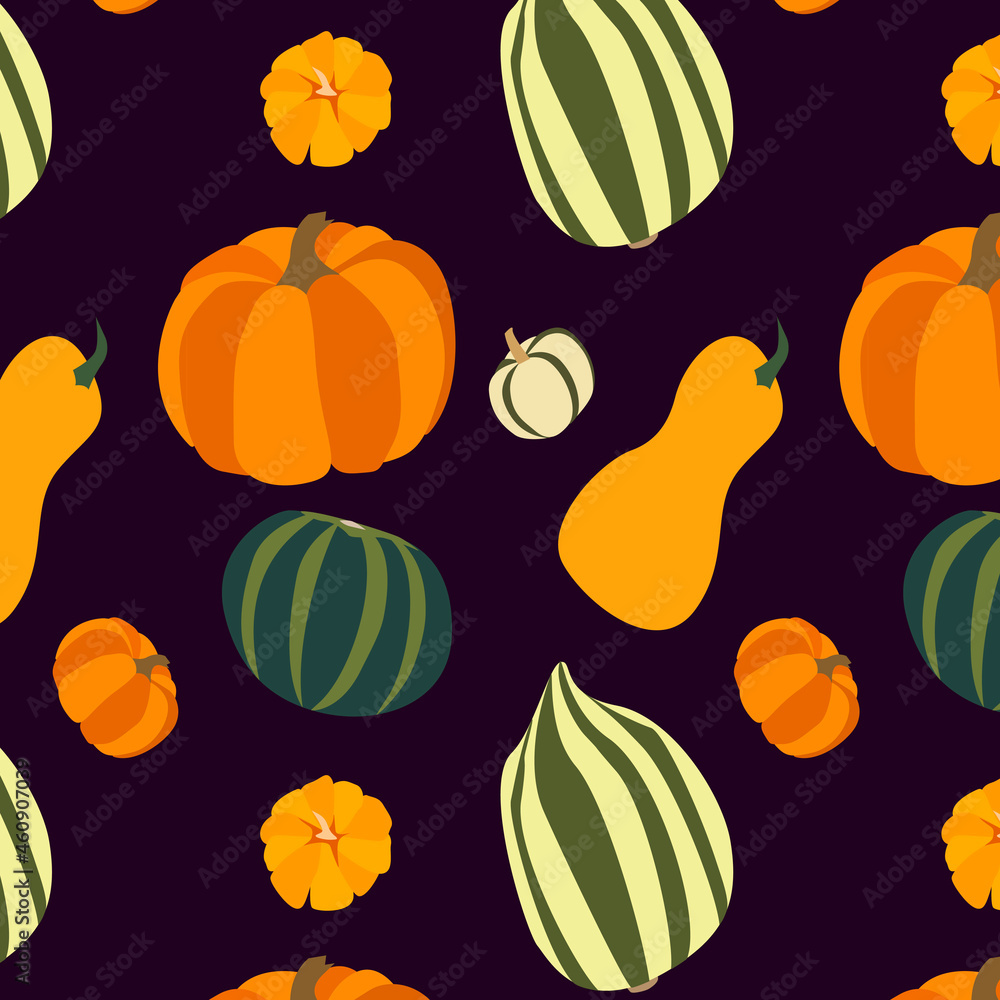 Seamless background with pumpkins. Different varieties of pumpkins on a dark background. Seamless background with pumpkins. Different varieties of pumpkins on a dark background.