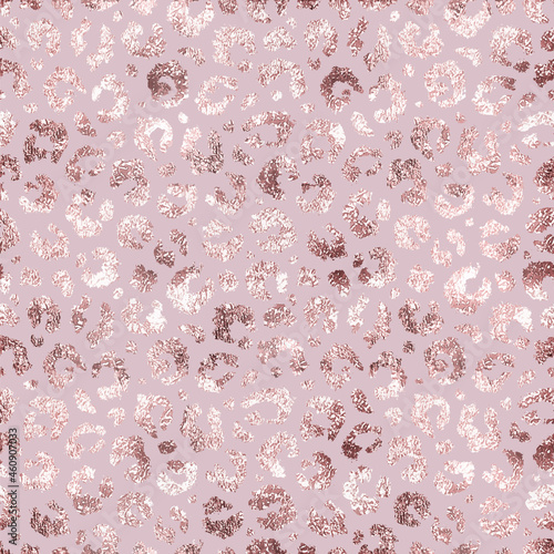 Leopard print. Animal seamless pattern. Rose gold jaguar patern. Texture wild skin. Fashion style. Repeating abstract pink background. Elegant marble foil for design prints. Repeated printed. Vector 