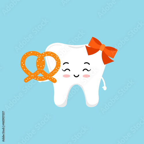 Octoberfest teeth with pretzel food icon isolated. Dentist cute girl tooth dental character with salty pretzel. Flat design cartoon vector clip art illustration.