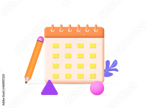 Calendar assignment icon. Realistic sticker with dates, pencil and geometric shapes. Planning of working hours and weekends. Mark day. 3D modern vector illustration isolated on white background