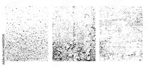 Set of concrete wall textures. Black dots and spots on white background. Grunge style, black on white. Uneven vector noise.