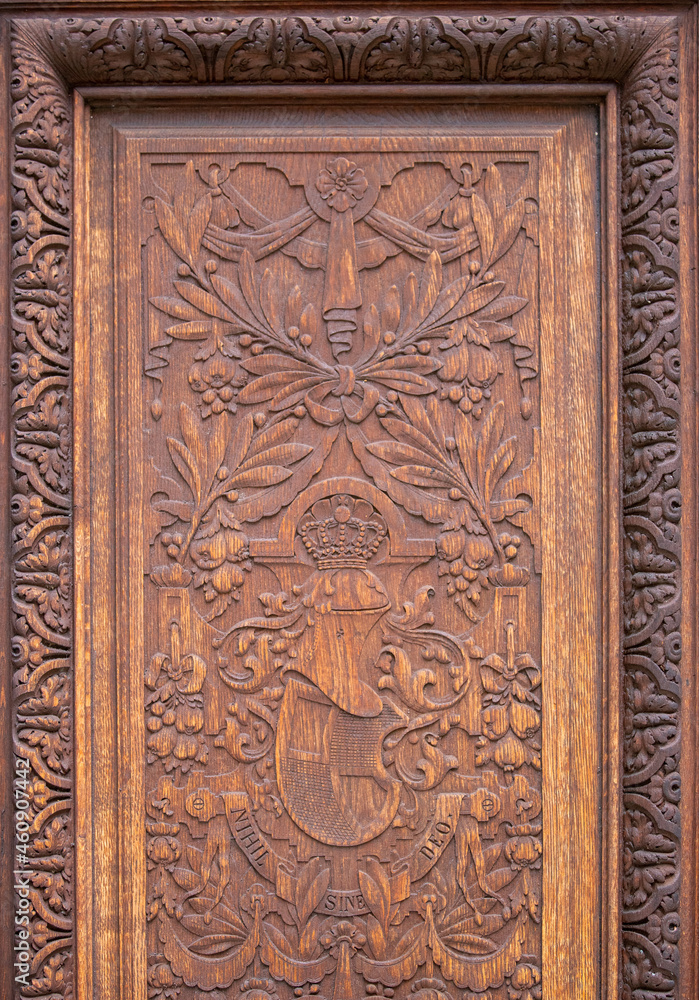 ornamental carved wood decoration at the Peles Castle in Sinaia city - Romania 28.Sep.2021 It is a palace built between 1873 and 1914 as the summer residence of the kings of Romania
