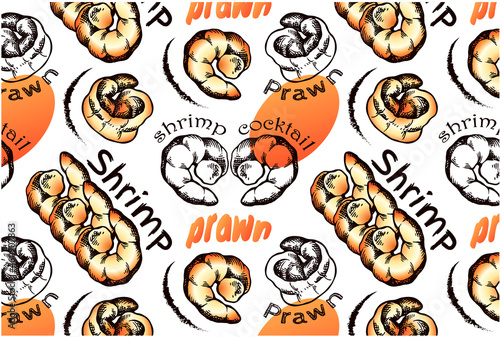 Doodle drawing pattern with colorful orange realistic shrimps isolated on transparent background.