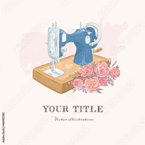 Hand drawn illustration of sewing machine and flowers