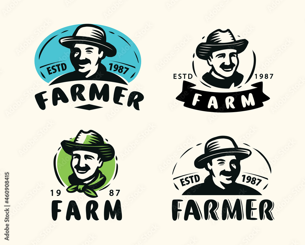 Farmer portrait, organic products logo. Agriculture, farm symbol. Vector illustration