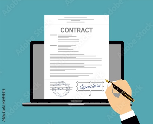 Online electronic documents on laptop vector illustration, flat cartoon paper document with signature on computer screen, concept of digital or internet office, on-line deal, web paperwork