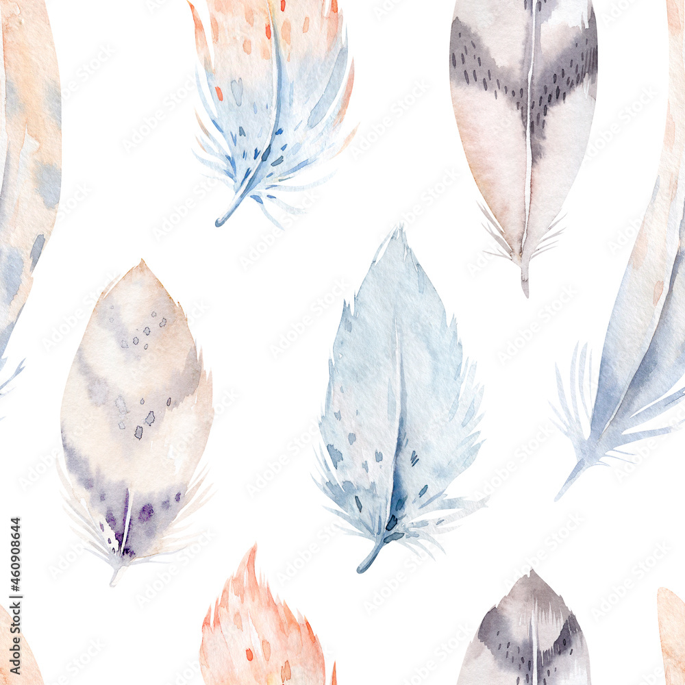 Obraz Seamless pattern of colored feathers and romantic arrows painted with watercolors on a white background