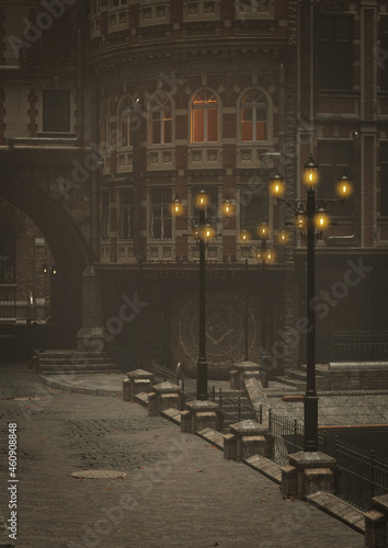 A 3d digital render of an empty Victorian city street at night in the fog.