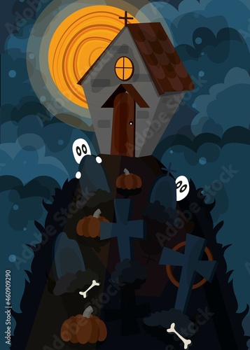 Church in the cemetery. Happy Halloween. Pumpkins. Ghosts. Terrible night. Trick or treat. Tombstones. Vector, mystical illustration. All Saints' Day. A traditional holiday. Postcard design. photo