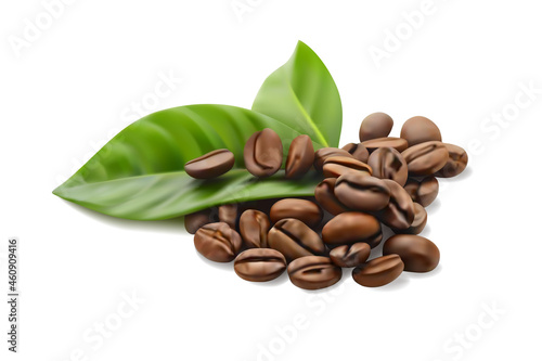 Grains of coffee with leaves on a white background. 3d illustration