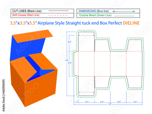 Airplane Style Straight tuck end box 3.5x3.5x5.5 inch dieline template and editable 3D box