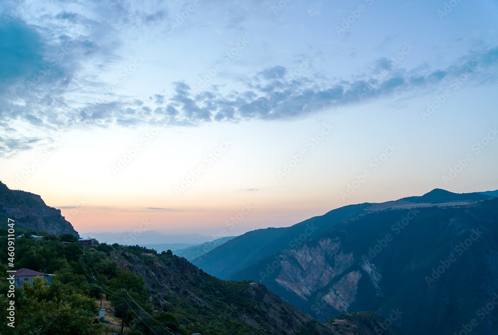 A beautiful dawn over the mountains in Tatev A beautiful dawn over the mountains in Tatev