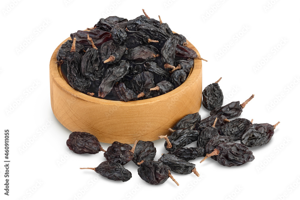 Yellow raisins in wooden bowl isolated on white background with clipping path and full depth of field Yellow raisins in wooden bowl isolated on white background with clipping path and full depth of field