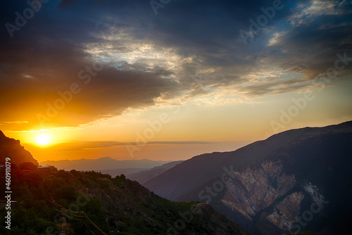 A beautiful dawn over the mountains in Tatev