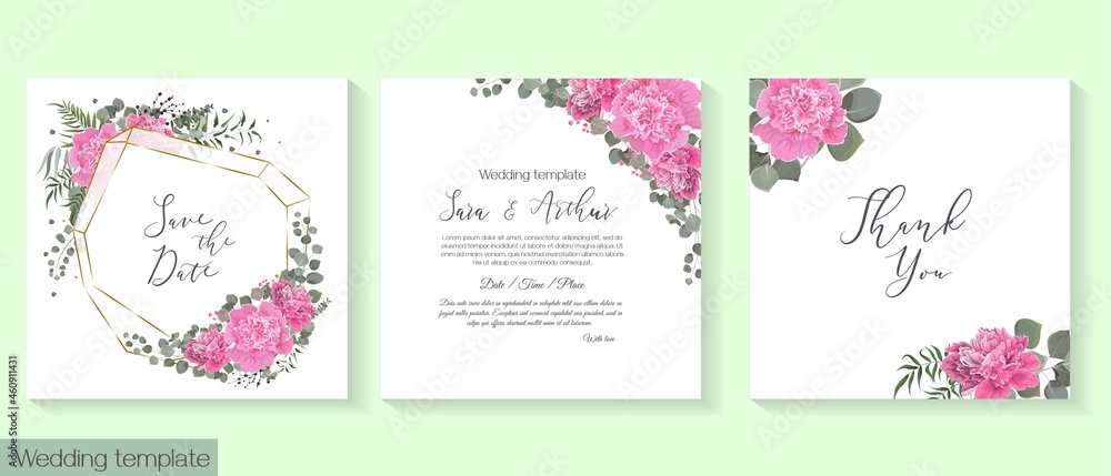 Vector floral frame for a postcard. Pink peonies, gypsophila, green plants and flowers. Floral design for wedding invitation.