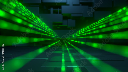 Futuristic background with green laser beams. Entertainment and video games concept. 3d rendering