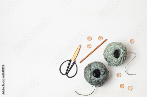Photo Craft hobby background with yarn in natural colors