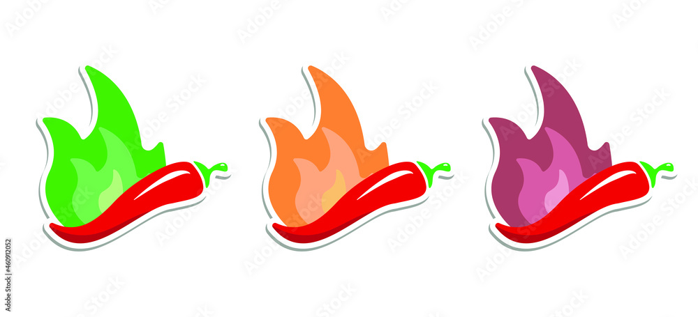 Spicy level Hot Chili Pepper icon set. Indicator fire strength scale. Vector illustration on white background Spicy level Hot Chili Pepper icon set. Indicator fire strength scale. Vector illustration on white background