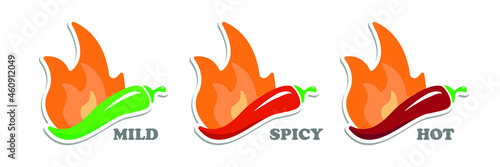 Spicy level Hot Chili Pepper icon set. Indicator fire strength scale. Vector illustration on white background