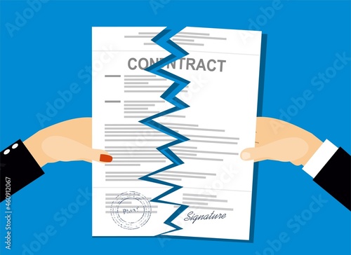 Business men and women Hands tearing apart a contract sheet of paper. Flat style