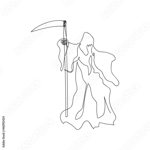 Grim Reaper one line art. Continuous line drawing of halloween theme, autumn mood, horrible, performance, death suit, fear, end of life halloween costume, spell.