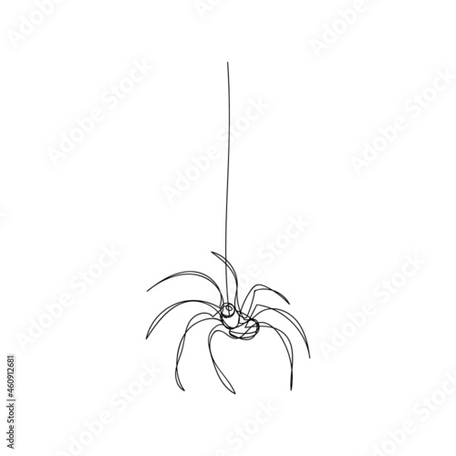 Small spider on a string of cobwebs one line art. Continuous line drawing of halloween theme, gothic, horrible, scary, black widow, karakurt, tarantula.