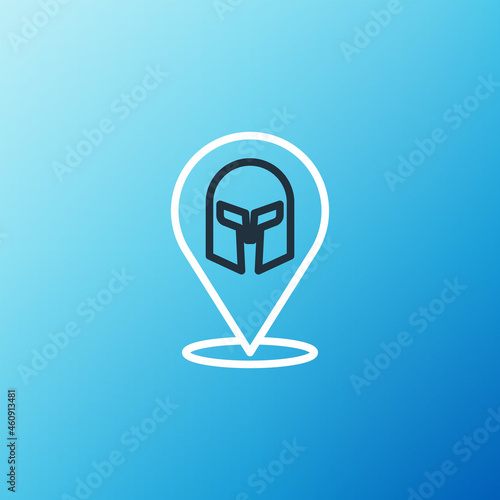 Line Greek helmet icon isolated on blue background. Antiques helmet for head protection soldiers with a crest of feathers or horsehair. Colorful outline concept. Vector