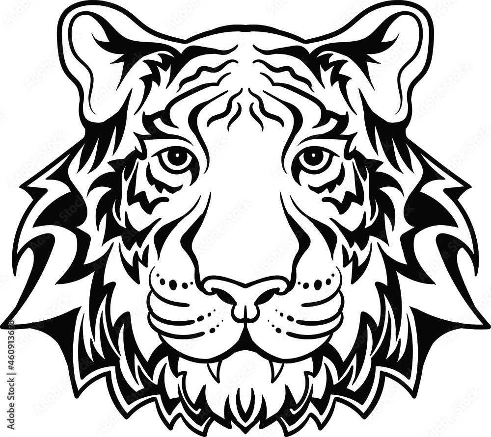 The Vector logo tiger for tattoo or T-shirt design or outwear. Hunting style big cat print on black background. This hand drawing is for black fabric or canvas. The Vector logo tiger for tattoo or T-shirt design or outwear. Hunting style big cat print on black background. This hand drawing is for black fabric or canvas.