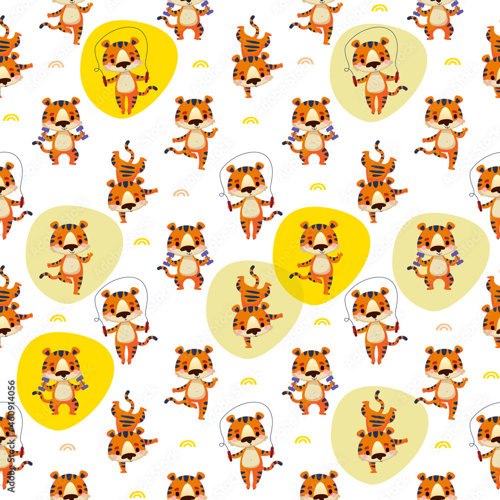 Obraz premium Seamless pattern with tigers athletes. Cartoon funny tigers are engaged in fitness and yoga in different poses on a white background. Vector children s illustration for packaging and textiles.