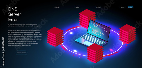 Server room isometric, Cloud storage data, Data center, Big data processing and computing technology. DNS server error and global failure of all social networks