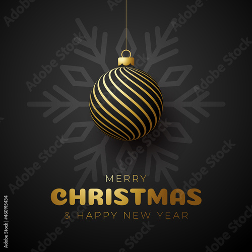 Merry christmas and happy new year banner. Vector illustration card with black golden christmas tree ball on luxury snowflake background with modern lettering