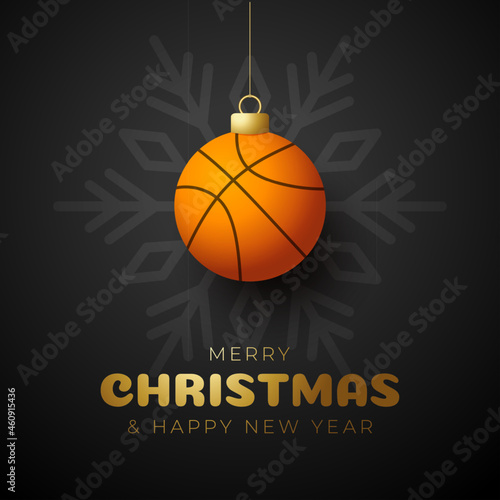 basketball Merry Christmas and Happy New Year luxury Sports greeting card. basketball ball as a Christmas ball on background. Vector illustration.