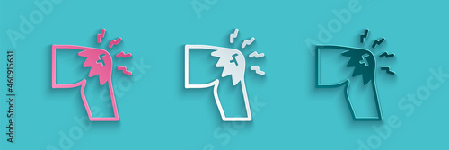 Paper cut Joint pain, knee pain icon isolated on blue background. Orthopedic medical. Disease of the joints and bones, arthritis. Paper art style. Vector