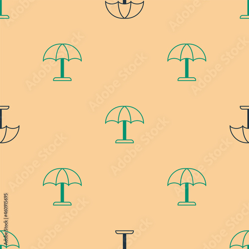 Green and black Sun protective umbrella for beach icon isolated seamless pattern on beige background. Large parasol for outdoor space. Beach umbrella. Vector