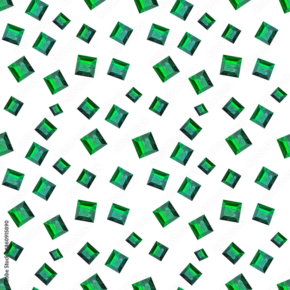Green Gems seamless pattern on  white backdrop. Jewels geometric precious objects. For cover, banner, background, card banner, poster luxury design