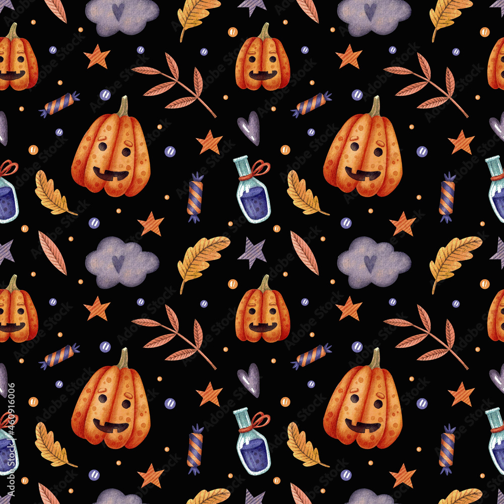 Seamless pattern with pumpkins on a black background. Halloween. Holiday. Watercolor illustration. Autumn. Terrible. Printing on fabric. Packing paper. Magical. Beautiful. Potion. Funny. Leaves. Sweet Seamless pattern with pumpkins on a black background. Halloween. Holiday. Watercolor illustration. Autumn. Terrible. Printing on fabric. Packing paper. Magical. Beautiful. Potion. Funny. Leaves. Sweet